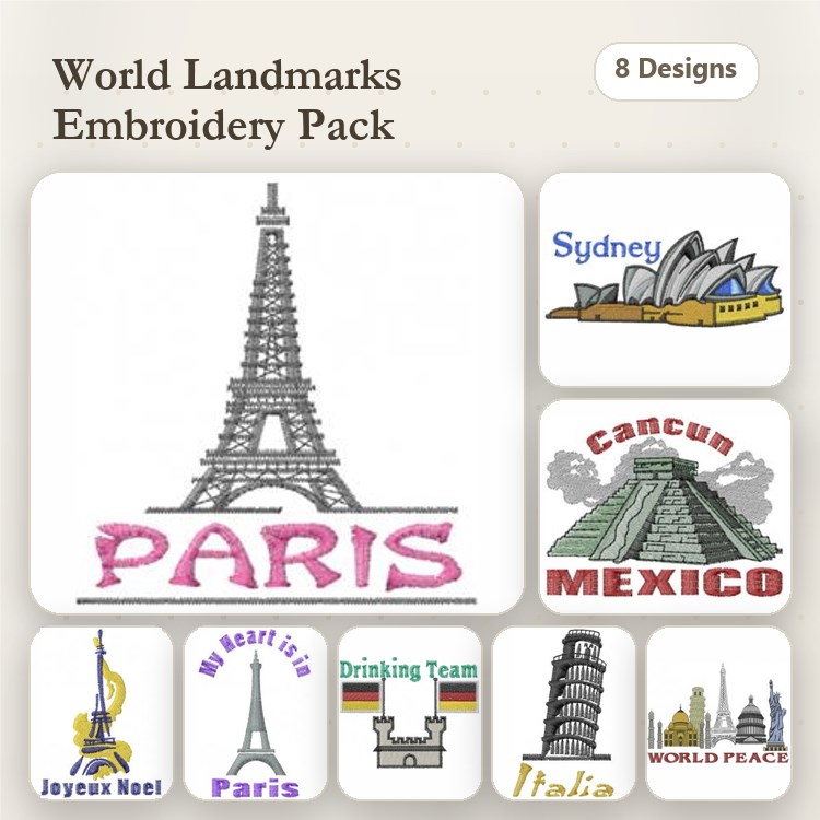 World Landmarks Embroidery Designs Bundle – Eiffel Tower, Sydney Opera House, Chichen Itza & More (8 Designs)