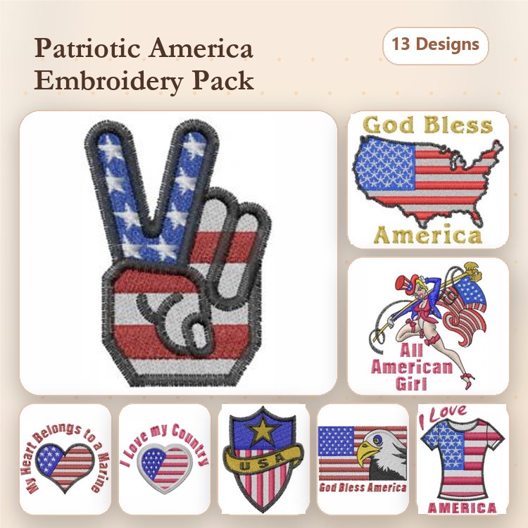 Patriotic America Embroidery Designs Bundle – Peace Sign with American Flag, God Bless America, USA Map & More (13 Designs)
