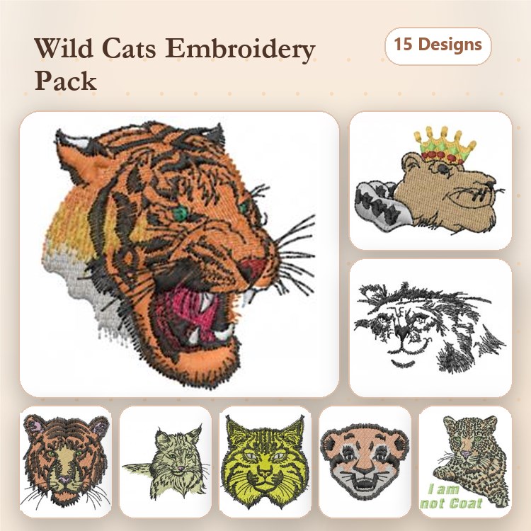 Wild Cats Embroidery Bundle – Tiger Head, Lion Head, Leopard Head & More (15 Designs)