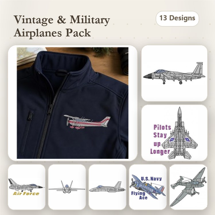 Vintage and Military Airplanes Embroidery Designs Bundle – Fighter Jet, Stealth Fighter, Biplane & More (13 Designs)
