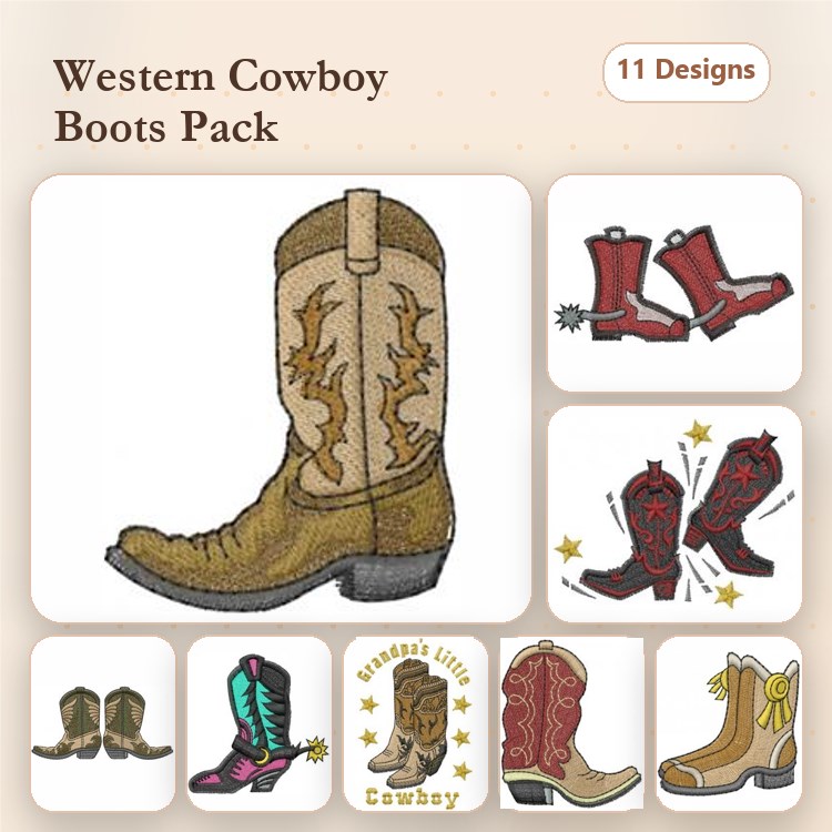 Western Cowboy Boots Embroidery Designs Bundle – Cowboy Boot with Spurs, Pair of Cowboy Boots, Ornate Cowboy Boot & More (11 Designs)