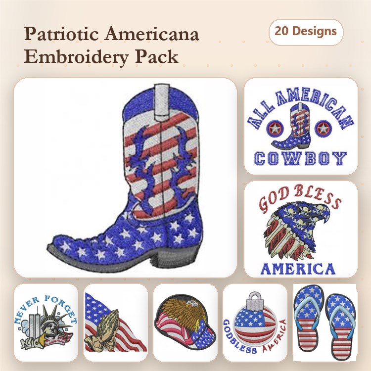 Patriotic Americana Embroidery Designs Bundle – Cowboy Boot with American Flag, American Eagle, Liberty Bell & More (20 Designs)