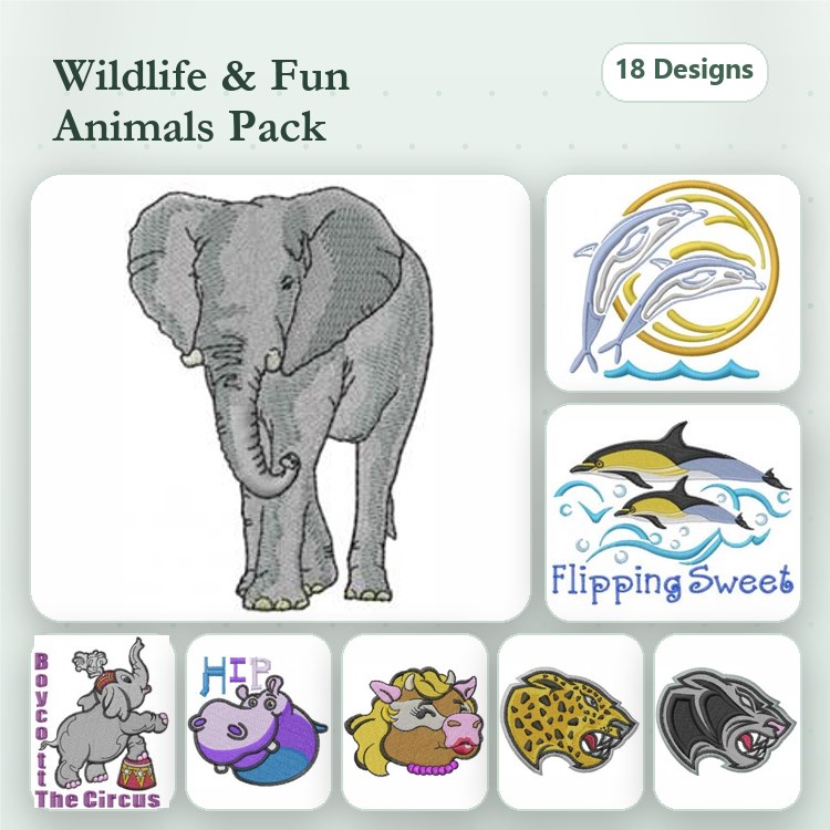 Wildlife & Fun Animals Embroidery Designs Bundle – Elephant, Dolphins, Hippo & More (18 Designs)