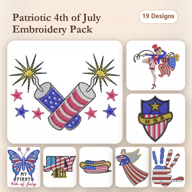 Patriotic Celebration Embroidery Designs Bundle – Fireworks, Flag with Stars, USA Shield & More (19 Designs)