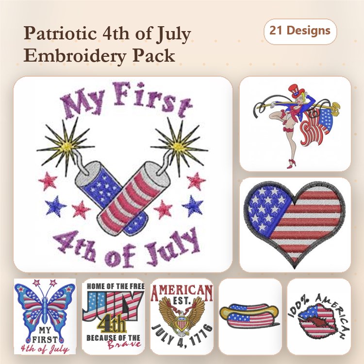 Patriotic 4th of July Embroidery Designs Bundle – Fireworks, Butterfly, Heart, Dog & More (21 Designs)
