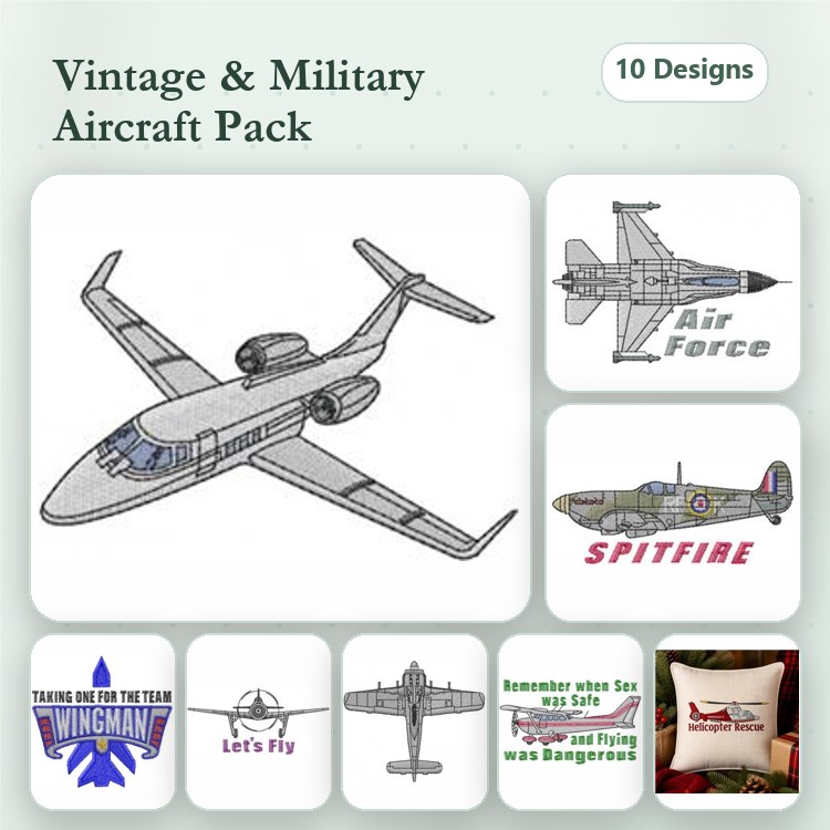 Military Aircraft Embroidery Designs Bundle – Air Force Jet, Spitfire, Vintage Aircraft & More (10 Designs)