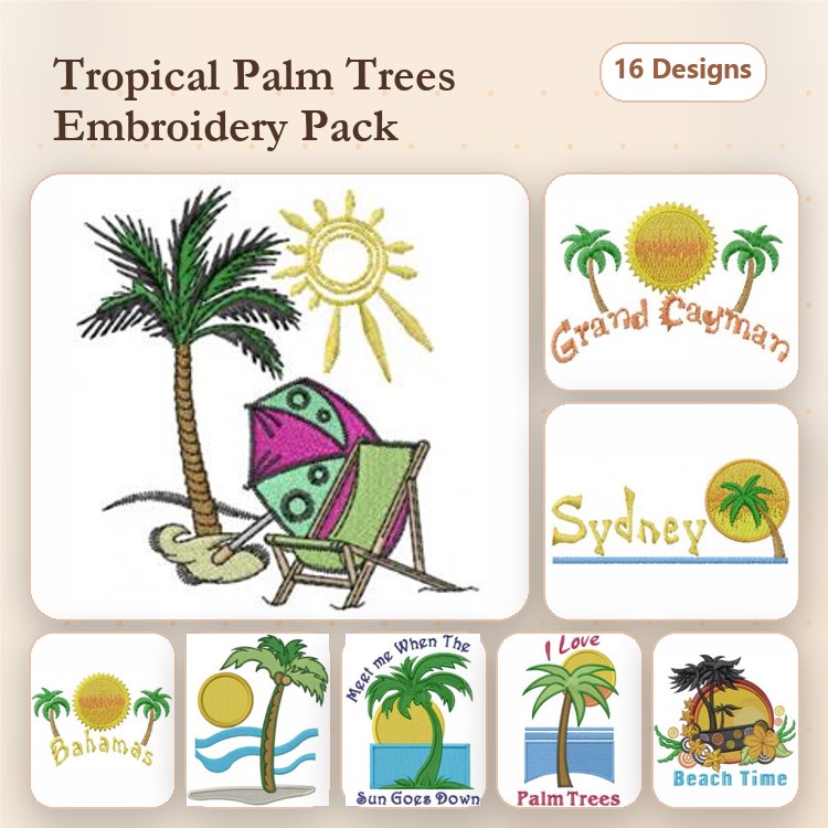 Tropical Palm Trees & Beach Embroidery Designs Bundle – Palm Tree with Sun, Beach Umbrella with Chair, & More (16 Designs)