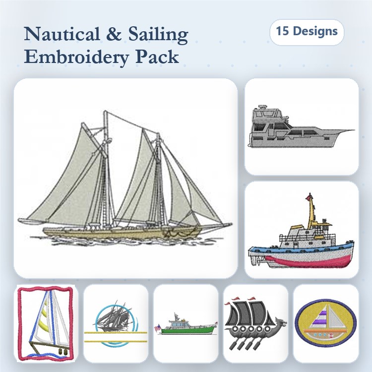 Nautical Adventure Embroidery Designs Bundle – Sailing Ship, Anchor, Lighthouse & More (15 Designs)