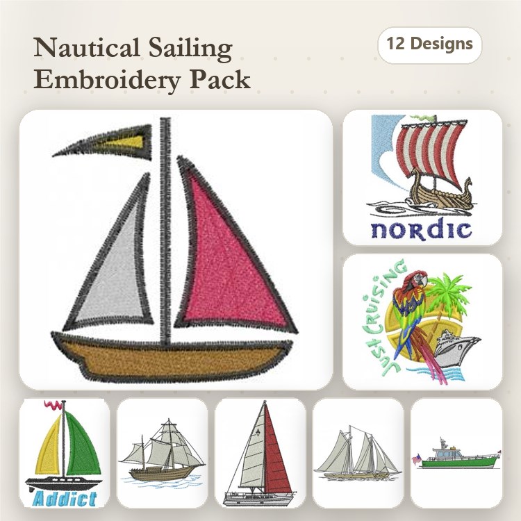 Nautical Embroidery Designs Bundle – Sailboat, Yacht, Fishing Boat & More (12 Designs)