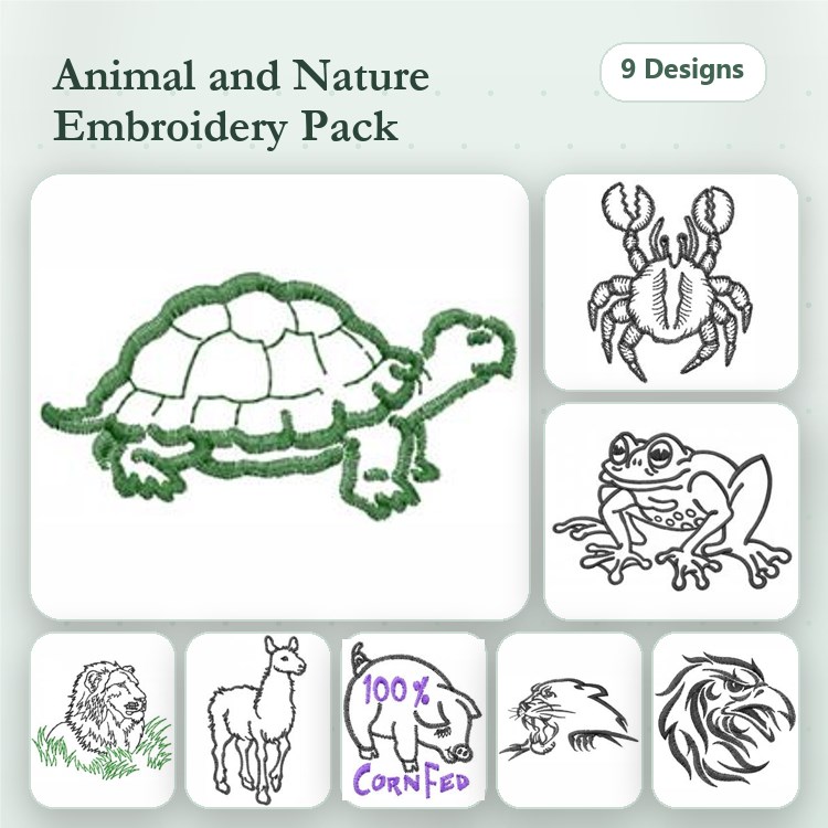 Redwork Animal and Nature Embroidery Bundle – Turtle, Crab, Frog & More (9 Designs)