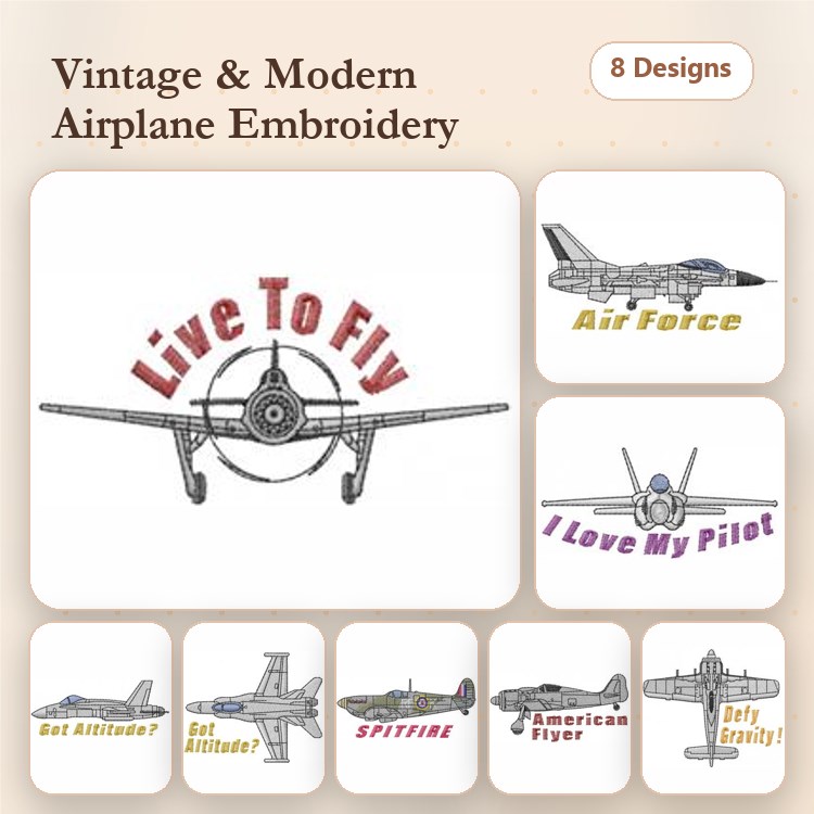 Airplane & Pilot Embroidery Designs Bundle – Live To Fly, I Love My Pilot, SPITFIRE & More (8 Designs)