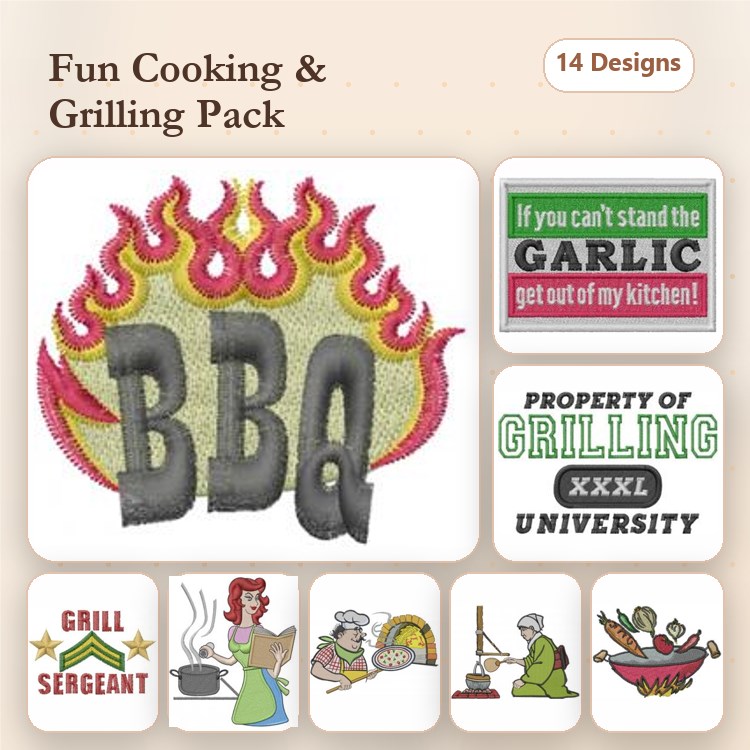 Cooking and Grilling Embroidery Designs Bundle – BBQ with Flames, Grill Sergeant, Chef with Knife & More (14 Designs)