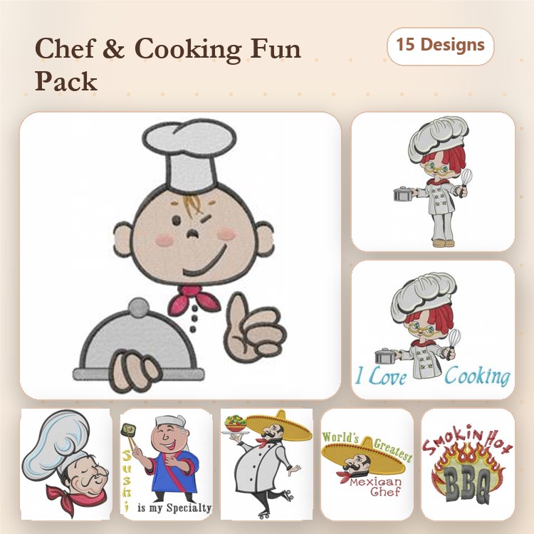 Chef & Cooking Embroidery Designs Bundle – Chef with Plate, Happy Chef, Smokin' Hot BBQ & More (15 Designs)