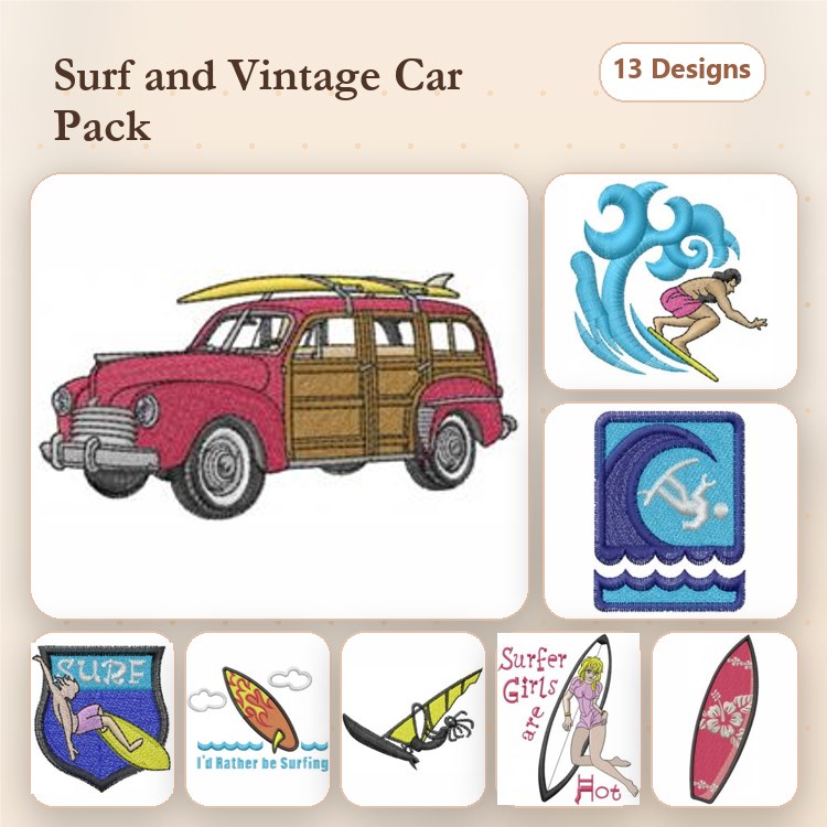 Surf & Vintage Cars Embroidery Designs Bundle – Vintage Surf Car, Surfer Girl, Surf Wave & More (13 Designs)