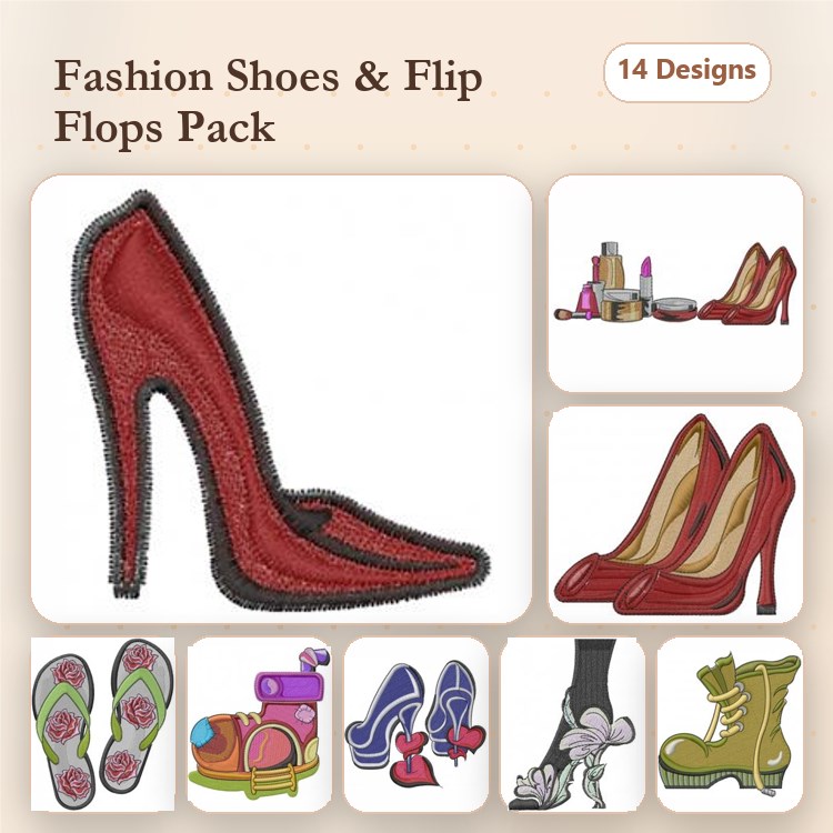 Fashion Shoes & Accessories Embroidery Designs Bundle – High Heel Shoe, Flip Flops with Flowers, & More (14 Designs)