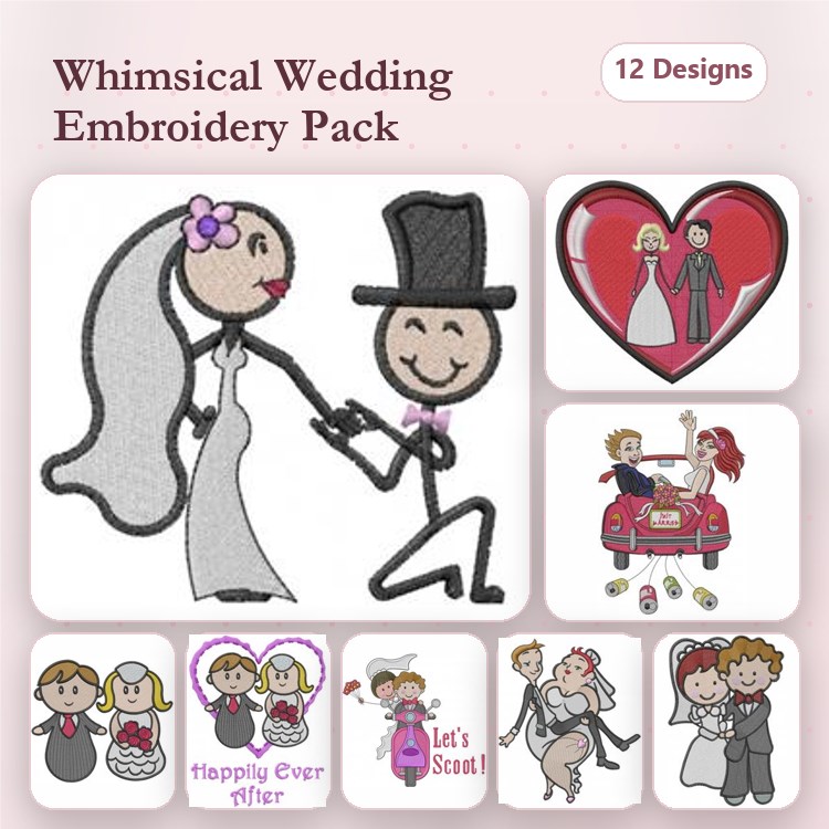 Whimsical Wedding Themes Embroidery Designs Bundle – Wedding Couple, Wedding Heart, Funny Wedding Couple & More (12 Designs)