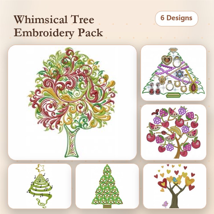 Colorful Tree Embroidery Designs Bundle – Swirly Colorful Tree, Christmas Tree with Ornaments, & More (6 Designs)