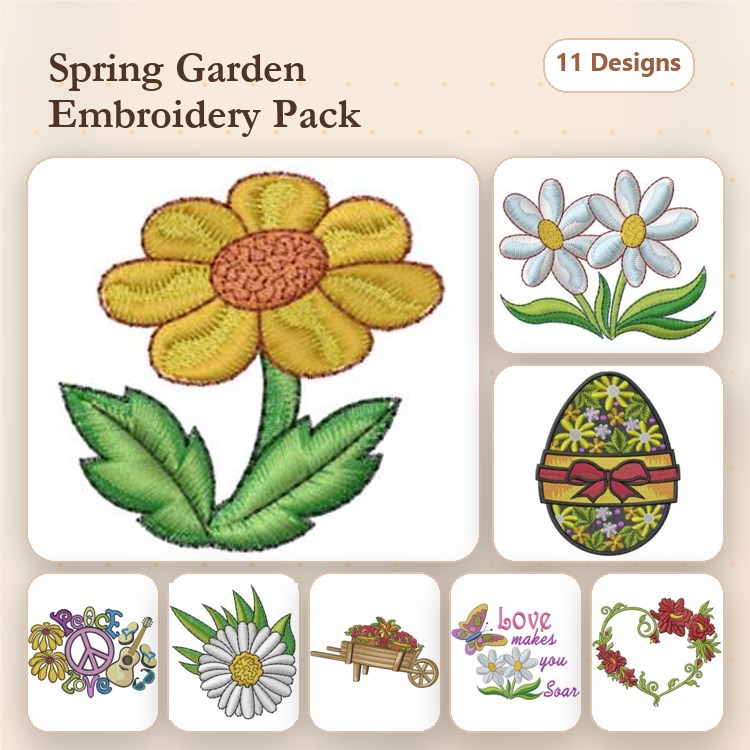 Spring Garden Flowers & Easter Decor Embroidery Designs Bundle – Daisy Flower, White Flowers, Easter Egg & More (11 Designs)