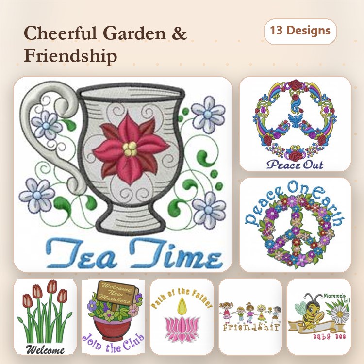 Tea Time and Friendship Embroidery Designs Bundle – Tea Cup with Flowers, Peace Sign Wreath, Friendship Wreath & More (13 Designs)