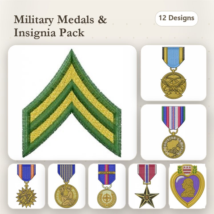 Military Medals Embroidery Bundle – Army Chevron Insignia, Medal of Honor, Purple Heart & More (12 Designs)