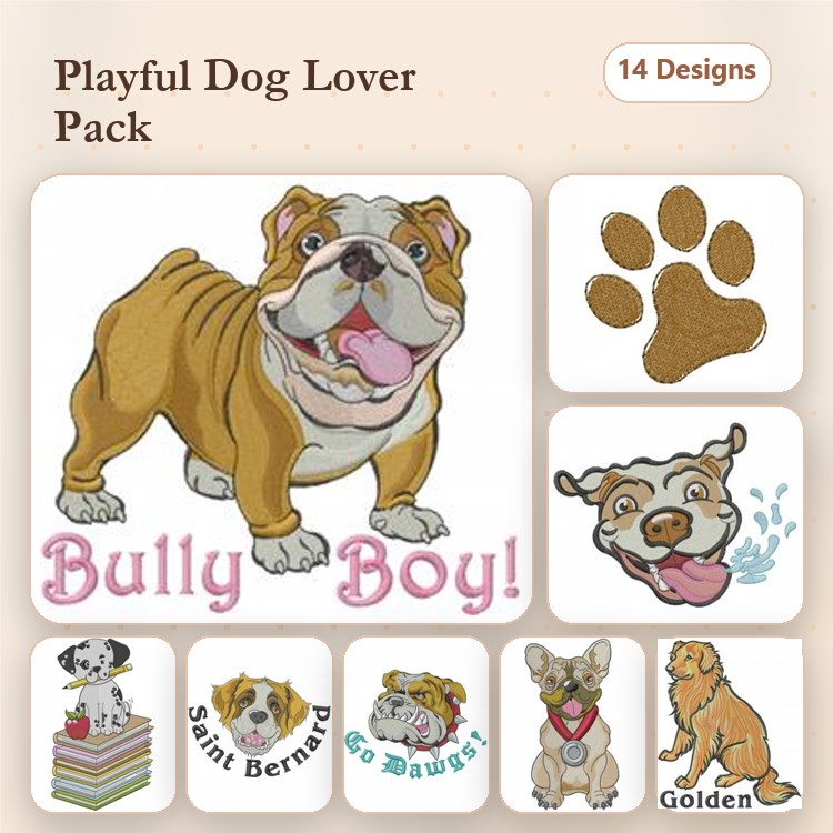 Dog Breed Embroidery Bundle – Paw Prints & Playful Pups (14 Designs)