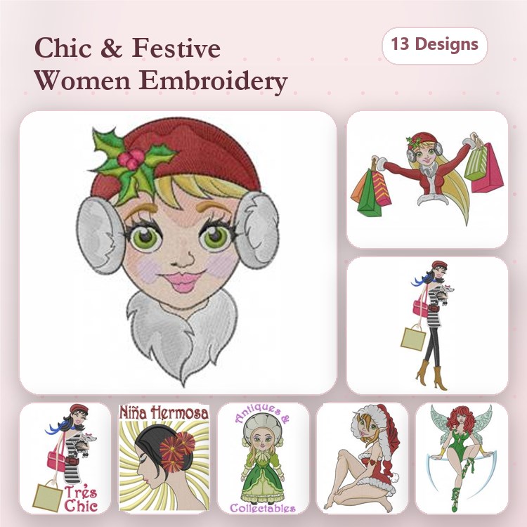 Chic & Festive Women Embroidery Designs Bundle – Girl with Holly Headband, Fashionable Girl with Shopping Bags & More (13 Designs)