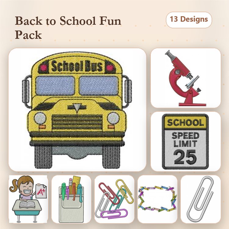 Back to School Embroidery Bundle – School Bus, Microscope, Girl with Backpack & More (13 Designs)