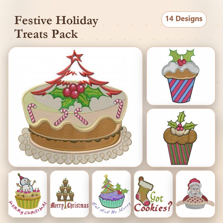 Festive Holiday Treats Embroidery Designs Bundle – Christmas Cake, Cupcake with Holly, Santa Claus & More (14 Designs)