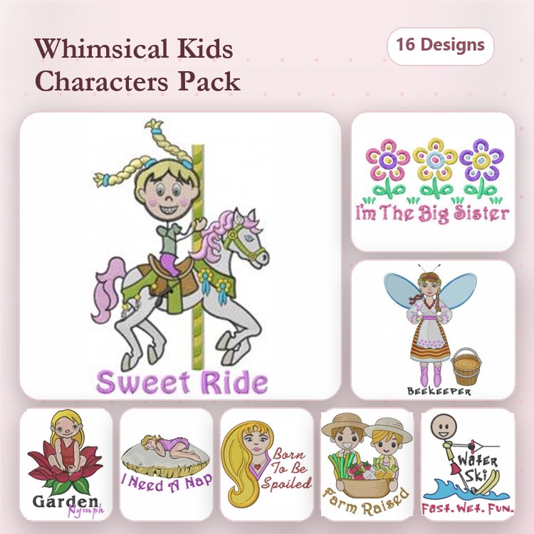 Whimsical Kids Characters Embroidery Designs Bundle – Carousel Girl, Fairy, Napping Child & More (16 Designs)