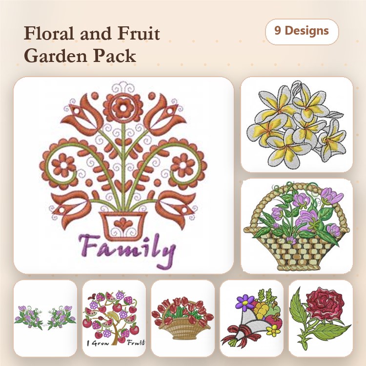 Floral and Fruit Embroidery Designs Bundle – Floral Bouquet, Fruit Basket, Spring Flowers & More (9 Designs)