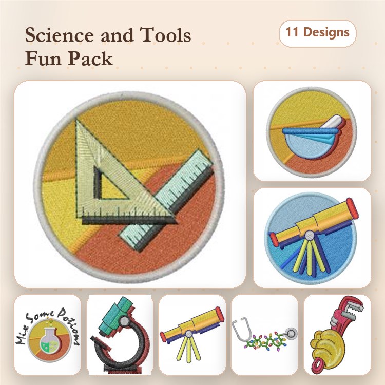 Science Tools & Instruments Embroidery Designs Bundle – Ruler, Telescope, Beaker & More (11 Designs)
