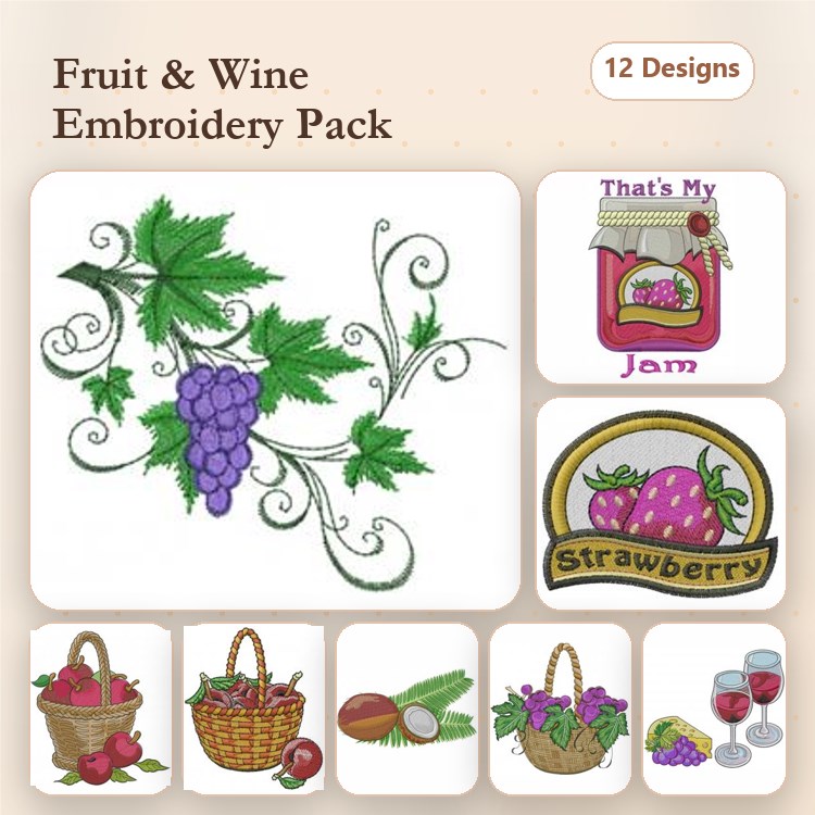 Fruit and Wine Embroidery Designs Bundle – Grapes with Vine, Strawberry Badge, Jam Jar & More (12 Designs)