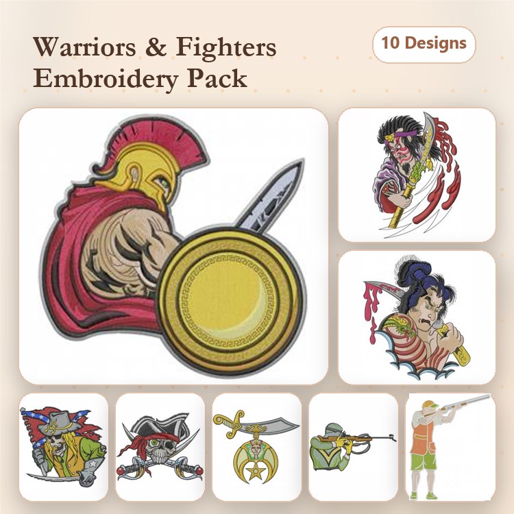 Warrior & Fighter Embroidery Designs Bundle – Spartan Warrior, Samurai with Sword, Viking with Axe & More (10 Designs)