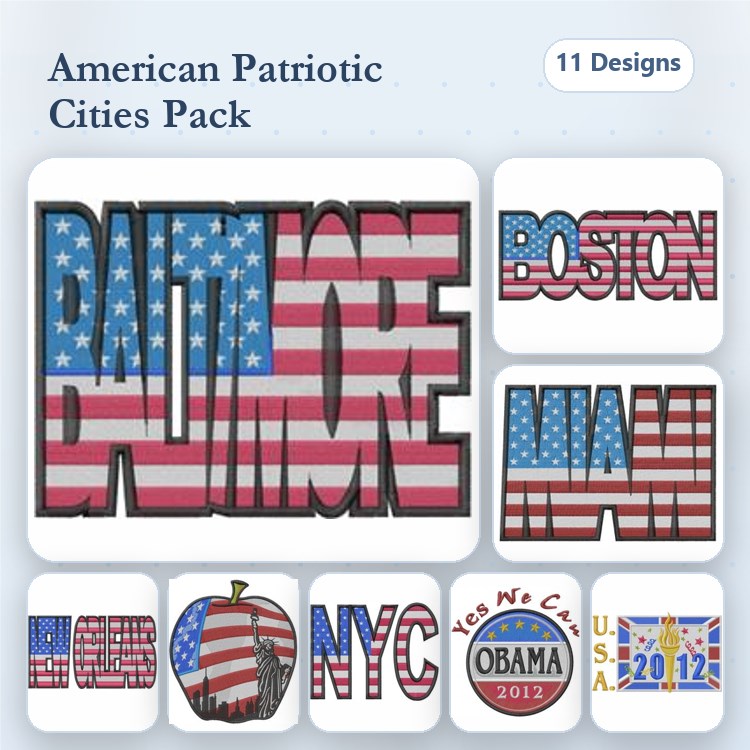 Patriotic American Cities Embroidery Designs Bundle – Baltimore, Boston, Miami, NYC & More (11 Designs)