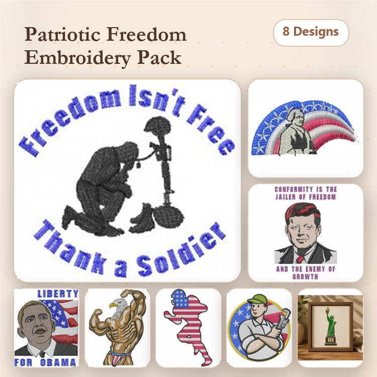 Patriotic Embroidery Designs Bundle – Soldier Silhouette, Statue of Liberty, American Flag & More (8 Designs)