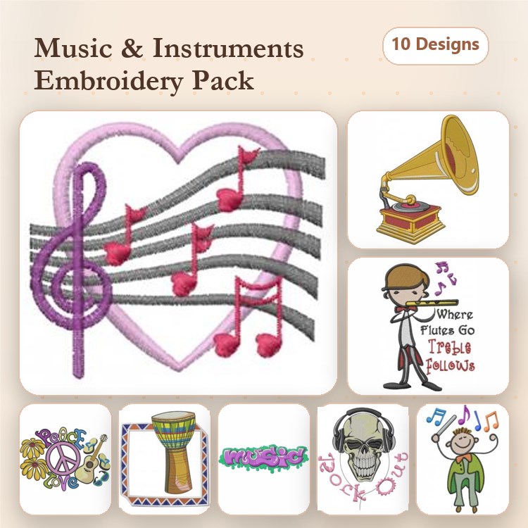 Music and Instruments Embroidery Designs Bundle – Musical Notes, Gramophone, Rock Out Character & More (10 Designs)