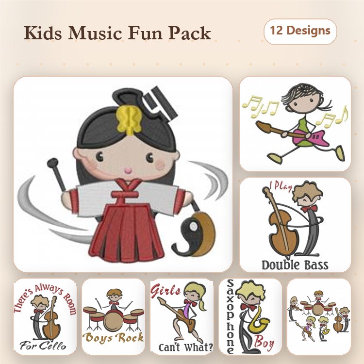 Music-Themed Children Embroidery Designs Bundle – Girl Playing Cello, Saxophone Boy, Dancing Girl & More (12 Designs)