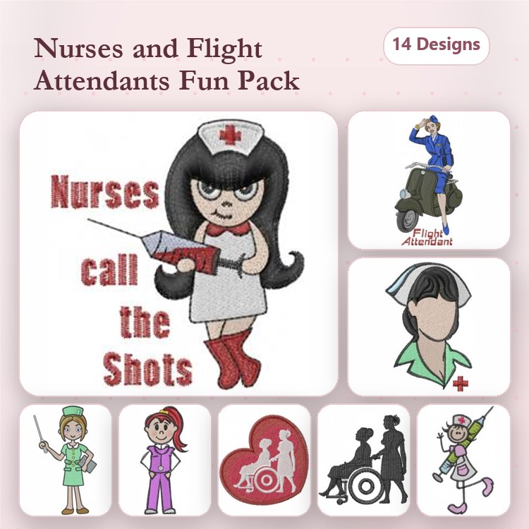 Nurses & Flight Attendants Embroidery Designs Bundle – Nurse with Syringe, Flight Attendant with Luggage & More (14 Designs)