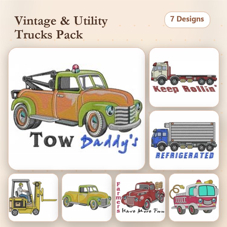Vintage Truck Embroidery Designs Bundle – Tow Truck, Delivery Truck, Fire Truck & More (7 Designs)