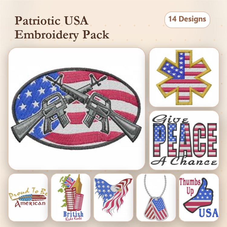 Patriotic USA Embroidery Designs Bundle – Crossed Guns with Flag, USA Flag Star, Proud to Be American & More (14 Designs)