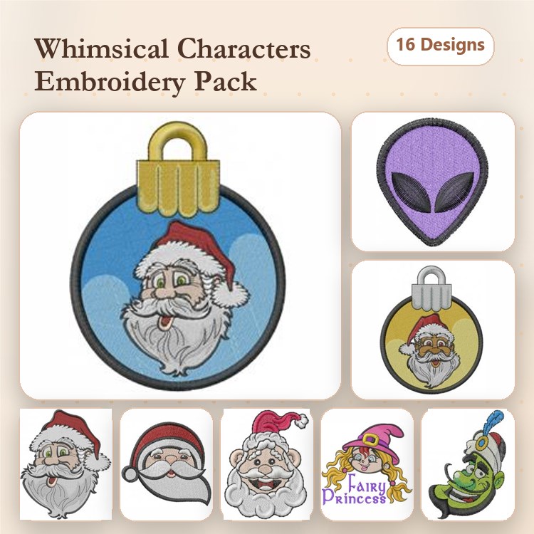 Whimsical Characters Embroidery Designs Bundle – Santa Ornament, Christmas Elf, Alien Head & More (16 Designs)