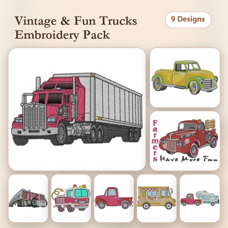 Vintage Trucks Embroidery Designs Bundle – Red Pickup, Green Classic, Fire Truck & More (9 Designs)