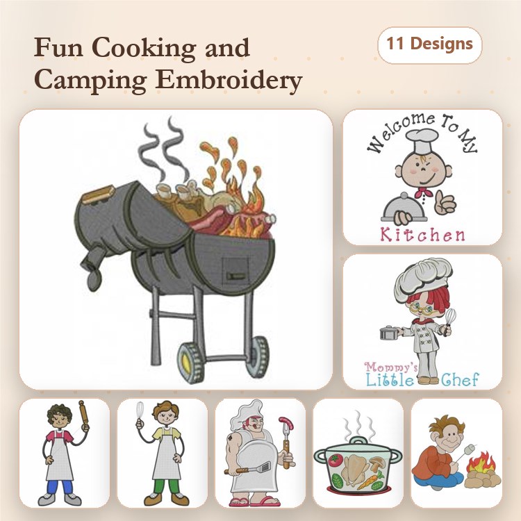 Cooking & Camping Embroidery Designs Bundle – Grill with Food, Chef Welcome Sign, Little Chef & More (11 Designs)