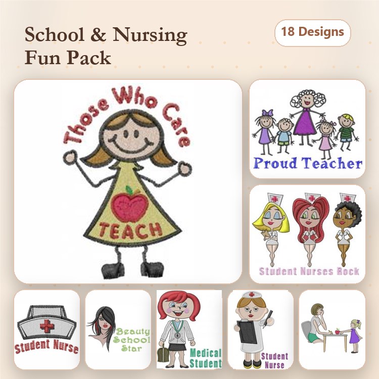 School & Nursing Embroidery Designs Bundle – Teacher with Apples, Student Nurse, Nurse in Scrubs & More (18 Designs)