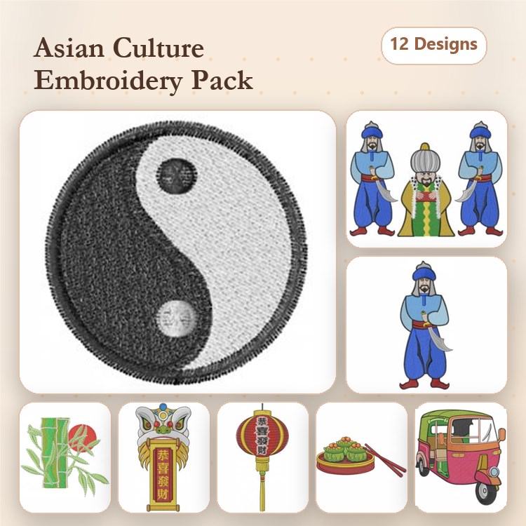 Asian Culture Symbols Embroidery Designs Bundle – Yin Yang, Chinese Lantern, Bamboo Plant & More (12 Designs)