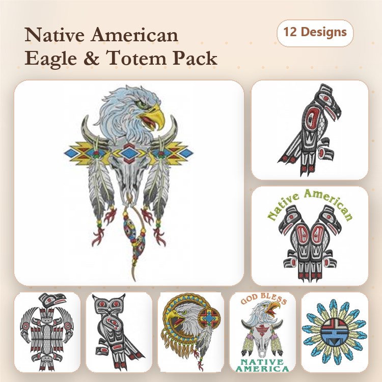Native American Eagle & Totem Embroidery Designs Bundle – Eagle Totem, Native American Dancer, Owl Totem & More (12 Designs)