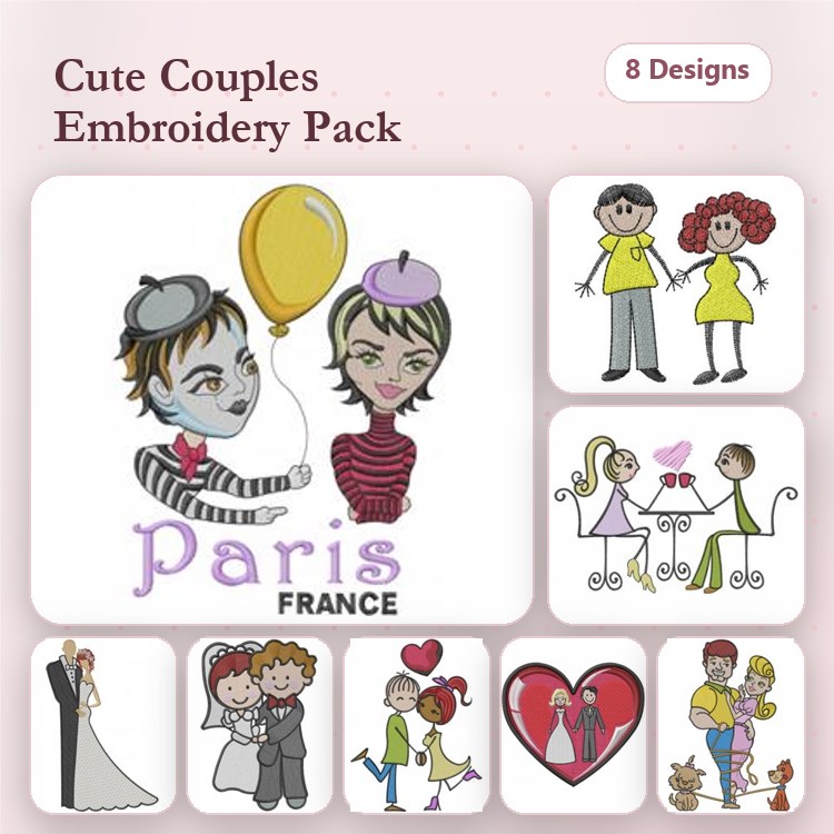 Cute Couples Embroidery Designs Bundle – Paris Couple, Bride and Groom, Loving Couple & More (8 Designs)