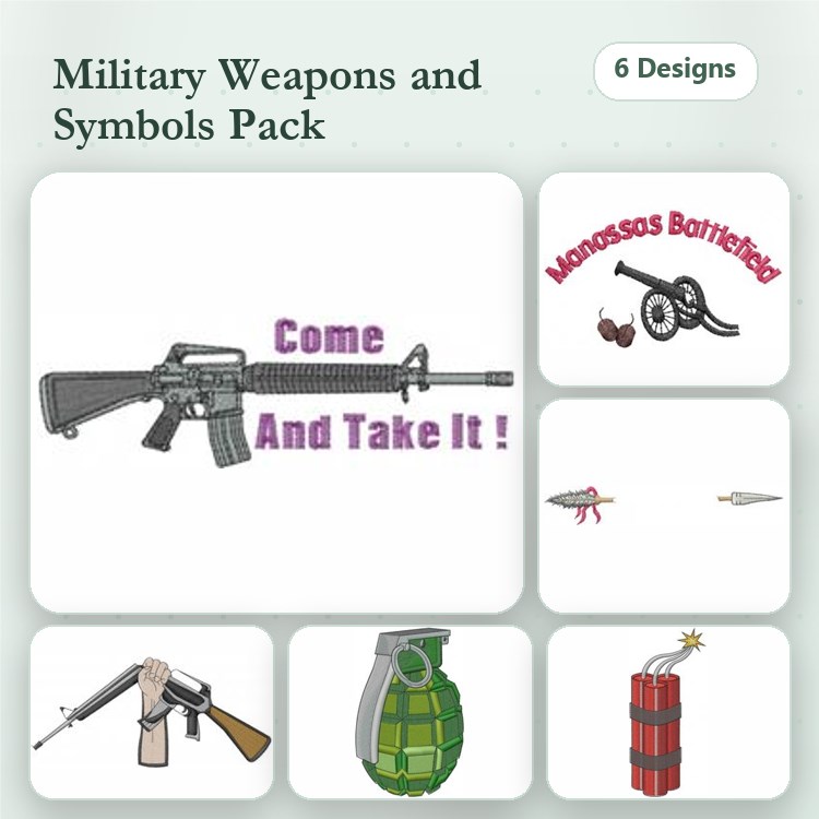 Military Weapons Embroidery Designs Bundle – Rifle, Grenade, Dynamite, Sword & More (6 Designs)