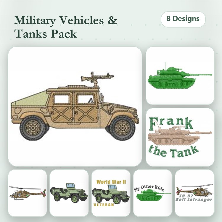 Military Vehicles Embroidery Bundle – Humvee, Tank, Frank the Tank & More (8 Designs)