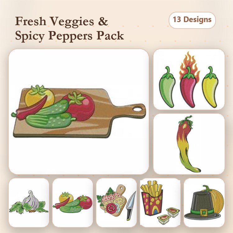 Vegetables & Peppers Embroidery Designs Bundle – Chopping Board with Peppers, Red Chili Pepper, Garlic Bulb & More (13 Designs)
